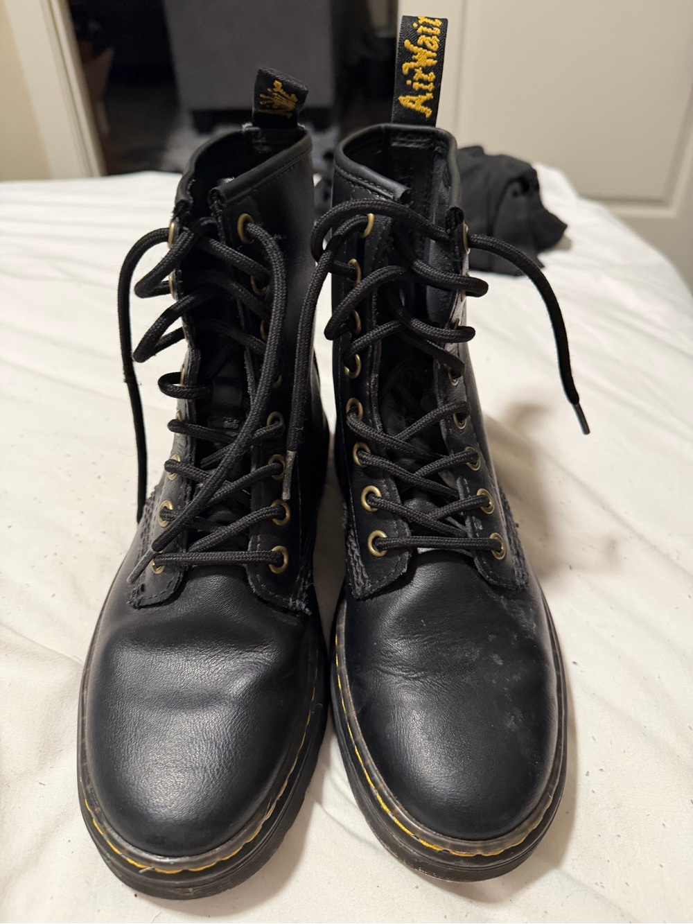 Dr. Martens 1460 Black Leather Lace-Up Ankle Boots with Yellow Stitching